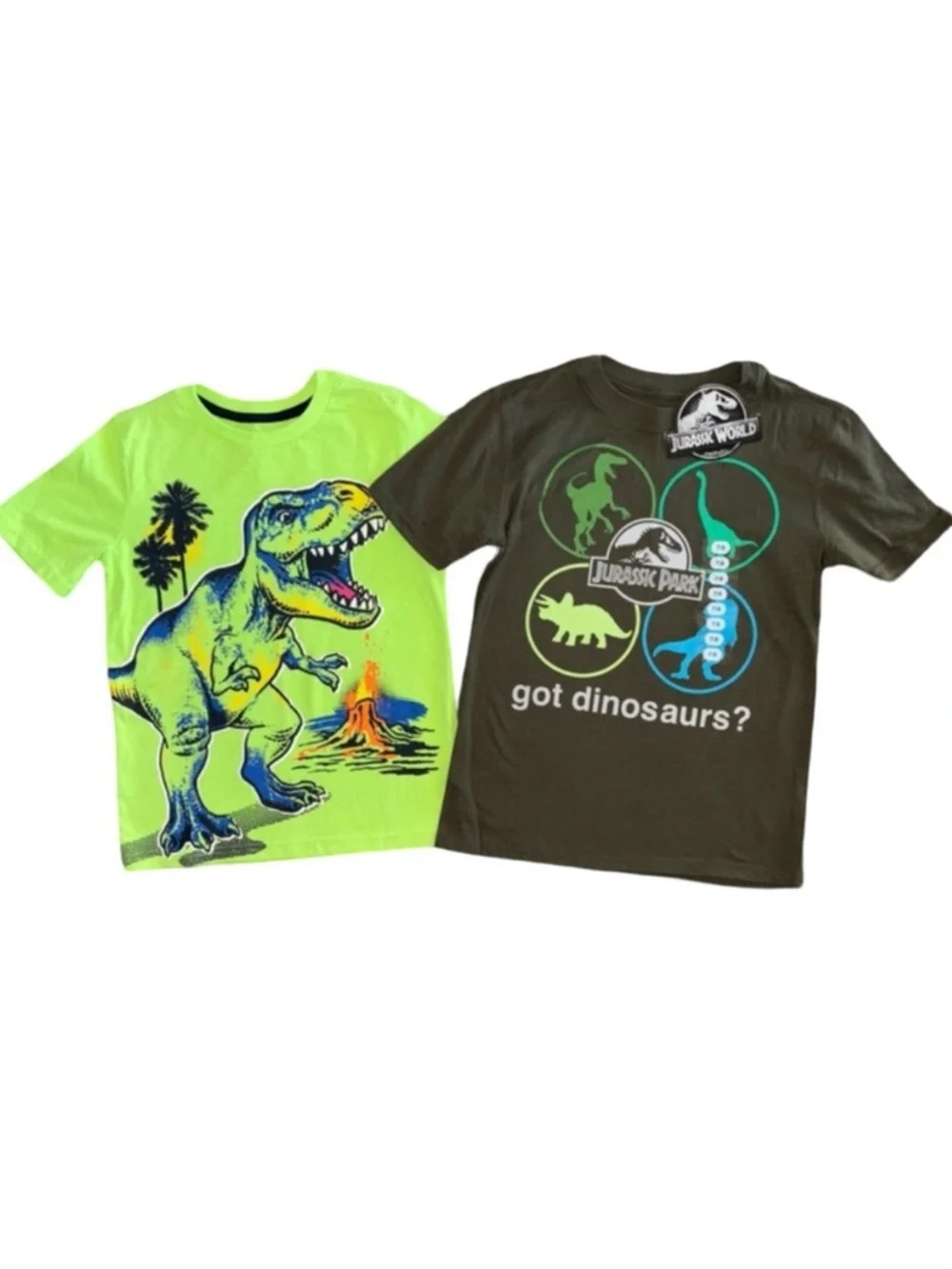 Dinosaur and Jurassic Park Tees -Neon Green & Dark Green Boys Size 7 7/8 Fun Set